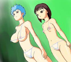 2girls after_war_gundam_x artist_request bikini black_hair blue_hair breasts curvaceous female gundam gundam_side_story:_the_blue_destiny human large_breasts long_hair marion_whelch micro_bikini multiple_girls pale-skinned_female pale_skin tiffa_adill wide_hips