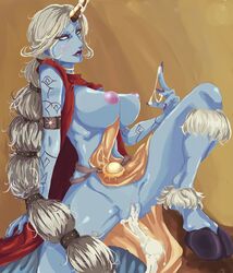 after_sex blue_skin celestial_(league_of_legends) cum cum_inside highres hooves horn league_of_legends nipples ponytail puffy_nipples shang smooth_skin soraka tied_hair white_hair