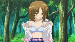 brown_hair female hair_ribbon kuzaki_rinko_(omamori_himari) omamori_himari open_clothes open_shirt orange_eyes shirt short_hair solo underwear