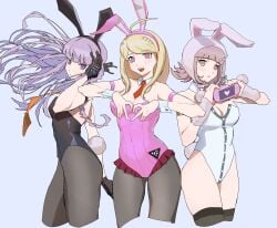 akamatsu_kaede bunny_ears bunny_girl bunnysuit cleavage danganronpa danganronpa:_trigger_happy_havoc danganronpa_1 danganronpa_2:_goodbye_despair danganronpa_v3 female_only fishnet_stockings kirigiri_kyouko large_breasts multiple_girls nanami_chiaki qosic straight_hair thighs