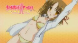 brown_hair female hair_ribbon kuzaki_rinko_(omamori_himari) omamori_himari open_clothes open_shirt orange_eyes panties shirt solo underwear