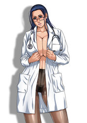 1girls black_hair blue_eyes breasts cleavage female female_only glasses huge_breasts kazuki_kotobuki lab_coat labcoat long_hair nico_robin no_bra no_panties one_piece open_clothes open_shirt pantyhose post-timeskip pubic_hair see-through_pantyhose stethoscope