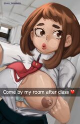 1girls areolae big_breasts blush bra breasts brown_eyes brown_hair female flashing my_hero_academia nipples ochako_uraraka one_breast_out presenting school_uniform selfie short_hair skirt snapchat solo text thick_lips u.a._school_uniform upper_body vice_benedetto