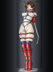 amiba00 ball_gag blush bondage bondage bondage breasts brown_eyes brown_hair detached_sleeves erect_nipples female female forced gag headband kotobuki_makoto large_breasts leotard mach_breakers namco pussy_juice short_hair solo tears thigh_boots thighhighs vibrator