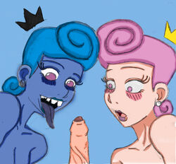 1boy 2girls :o anti-wanda blue_background blue_hair blue_skin blue_tongue blush crocface eyelashes female foreskin imminent_fellatio imminent_oral light-skinned_female light-skinned_male male nickelodeon nicktoons nude partially_retracted_foreskin penis pink_eyes pink_lipstick straight_hair tagme the_fairly_oddparents uncut veiny_penis wanda_fairywinkle-cosma white_earrings