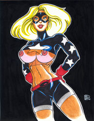 1girls 2008 black_background blonde_hair blue_eyes breasts courtney_whitmore dc dc_comics female female_only justice_society_of_america lipstick long_hair makeup nipples red_lipstick rob_durham solo stargirl superheroine tagme