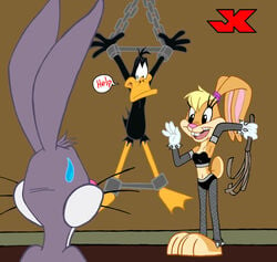 anthro barefoot bird bound bugs_bunny caught clothes daffy_duck duck female femdom fur furry furry_ears furry_tail holding interspecies jk lola_bunny long_ears looking_at_another looney_tunes male mammal nude rabbit raised_tail scared scared_expression soft_feathers standing sweatdrop tail the_looney_tunes_show walk-in wave whip whiskers