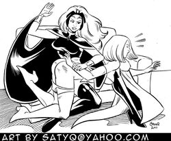 2011 2girls black_and_white emma_frost female female_only interracial marvel marvel_comics multiple_girls ororo_munroe satyq spanking storm_(x-men) tiara white_queen x-men yuri