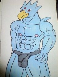 abs anthro bulge clothes color front_view golduck male male_only muscles nipples pokemon solo tagme topless