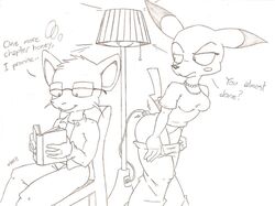 anthro clothes english_text female fur furry insertion interspecies lamp male monochrome nintendo pikachu pokemon rattata reading sanji_artist sitting standing tagme text