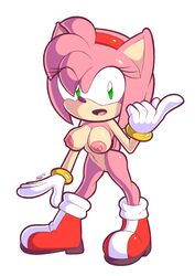 2018 absurdres amy_rose areola big_eyes big_head boots bracelet breasts erect_nipples female footwear gloves green_eyes hairband hedgehog highres jewelry mammal navel nipples nude open_mouth pointing pussy simple_background solo sonic_(series) supersegasonicss white_background