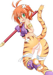 2014 animal_ears animal_tail anthro anus ass breath_of_fire breath_of_fire_ii clothed clothing feline female fur furry green_eyes hair human katt looking_back mammal momomo open_mouth orange_hair plain_background pussy solo tears tiger tongue white_background