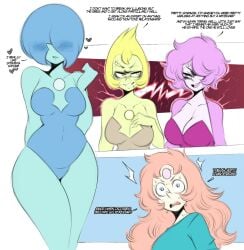 4girls alien alien_girl alien_humanoid anger_vein angry blue_hair blue_leotard blue_pearl_(steven_universe) blue_skin blushing breasts cartoon_network cleavage dialogue english_text female female_only gem_(species) hair_over_eyes heart hi_res horny_female leotard long_hair pearl_(steven_universe) pink_eyes pink_hair pink_pearl_(steven_universe) saltyxodium shaking shocked shocked_expression short_hair spiky_hair spoken_heart steven_universe steven_universe_future strapless strapless_leotard sweat sweating tagme volleyball_(steven_universe) yellow_eyes yellow_hair yellow_pearl_(steven_universe)