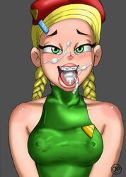 1girls 2011 ahegao beret bimbo blonde_hair blush body_blush braceface braces cammy_white cammy_white_(cosplay) cosplay cum cum_in_mouth cum_on_face cum_on_tongue dimsumboy22 facial female female_only green_eyes human lipstick looking_at_viewer makeup nipple_bulge sharon_spitz solo straight_hair street_fighter twin_braids