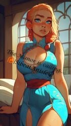 1girls ai_assisted blue_dress blue_eyes braid cheongsam chinese_clothes cleavage curvaceous female female_only freckles hourglass_figure large_breast no_bra no_panties qipao red_hair seductive see-through sibeal sibeal_anisley solo standing transparent_clothing wide_hips