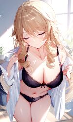 1girls ai ai_generated belly_button big_breasts black_bra black_panties black_underwear blonde_hair bra cleavage closed_eyes day female female_focus female_only front_view genshin_impact indoors light-skinned_female light_skin long_hair navel navia_(genshin_impact) open_shirt panties poyon_na shirt slim_girl solo solo_female standing sunlight underwear undressing young younger_female