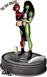 2girls 3d 3d_(artwork) ass_grab avengers female green-skinned_female green_hair green_skin high_heel_boots hulk_(series) idelacio larger_female leotard light-skinned_female light_skin long_hair marvel mayday_parker mc2 red_hair she-hulk short_hair size_difference spider-girl spider-man_(series) thigh_boots wink winking winking_at_viewer yuri