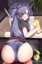 ass bare_arms bare_ass bare_butt bathroom bathroom_tiles bathtub black_halo black_panties black_shirt blue_archive blue_buruma blue_eyebrows blue_eyes blue_eyes_female blue_hair blue_hair_female blue_panties blue_underwear blush blush_lines blushing_at_viewer blushing_female buruma cleaning elbows embarrassed embarrassed_female eyebrows_visible_through_hair female from_behind half_updo halo holding holding_sponge long_hair looking_at_viewer looking_back mechanical_halo narushima_kanna nervous_smile official_alternate_costume official_alternate_hairstyle open_mouth open_mouth_smile panties panties_under_buruma panty_peek parted_bangs plant shirt sideboob smile solo sponge teeth tile_wall tiles tongue underwear upper_teeth upper_teeth_only v-shaped_eyebrows yellow_sponge yuuka_(blue_archive)