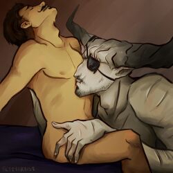 2boys anthro artist_name artist_signature ass bald bara beard_stubble beauty_mark canon_couple closed_eyes couple dark_hair dorian_pavus dragon_age dragon_age_inquisition duo eyepatch eyewear facial_hair gay gay_male grey_body grey_skin holding_partner horn horns human iron_bull kissing light_skin light_skinned_male looking_pleasured mage male male/male male_only mole moustache naked naked_male nipples nude nude_male open_mouth pansexual_male pettyarrist pointy_ears qunari scar scars sitting stubble video_games yaoi