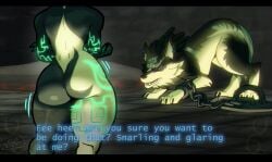 1girls ass big_ass big_butt body_markings bubble_ass bubble_butt dat_ass dialogue_box english_text female from_behind glowing_markings head_out_of_frame large_ass large_butt link midna multicolored_body nintendo shortstack standing the_legend_of_zelda thick_thighs twilight_princess vertacularrld wolf wolf_link