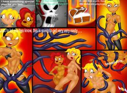 3girls ass blonde_hair breasts cartoon_network clenched_teeth crossover disney female goof_troop hourglass_figure mandy mandy_(billy_and_mandy) multiple_girls open_mouth possession pussy restrained roxanne_(goof_troop) tentacle tentacle_rape the_grim_adventures_of_billy_and_mandy vlade