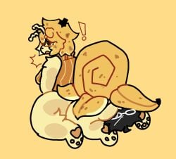 anthro ass banana big_ass bive_(regretevator) black_body bottomless canid canid_taur canine centaur clothing facesitting female_on_top gastropod gift_art regretevator roblox snail sougaki-choco split_(regretevator) tagme taur yellow_body yellow_fur