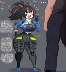 1boy 1girls black_hair bodysuit dialogue imminent_anal imminent_rape mihoyo orange_eyes orange_highlights ponytail shortstack shortstackification shortstackified skintight tagme thick_thighs thin_waist tight_clothing unseen_male_face vammzu wide_hips zenless_zone_zero zhu_yuan