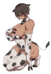 abs animal_ears animal_print biceps breasts brown_hair covered_abs cow_ears cow_girl cow_print cow_tail dark-skinned_female dark_skin highres jpg kei_(m_k) large_breasts m_k muscular muscular_female navel nipple_slip nipples obliques original red_eyes short_hair tail tall tall_female tan thick_thighs thighs tomboy toned