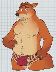 2024 anthro barely_visible_genitalia barely_visible_penis belly biped black_nose blue_eyes bulge canid canine clothing disney fox genitals gideon_grey hi_res male mammal moobs navel nipples penis slightly_chubby solo underwear unsafescapewolf zootopia