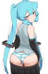 1girls abmayo ass bangs blue_eyes blue_hair blush butt hatsune_miku long_hair panties skirt skirt_pull small_waist striped_panties sweatdrop tagme twintails vocaloid wide_hips