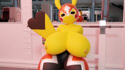 3d 3d_(artwork) anthro anthro_only blender breasts_bigger_than_head cosplay_pikachu female gym huge_breasts looking_at_viewer mirror nintendo pikachu pikachu_libre pokemon pokemon_(species) sitting smug_face squidly tail thick_thighs topless