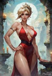 1girls ai_generated armlet bare_shoulders blonde_hair blue_eyes bracelet breasts breasts_apart candle cleavage covered_nipples dress earrings evening_gown fingernails hand_on_hip hoop_earrings jewelry large_breasts lips lipstick looking_at_viewer makeup mercy moon nail_polish necklace no_bra no_panties nose overwatch overwatch_2 parted_lips pelvic_curtain philon plunging_neckline ponytail red_dress red_lips red_nails side_slit solo stable_diffusion standing thighs