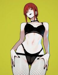 1girls ai_generated black_bra black_lingerie black_panties bra chainsaw_man female female_only fishnet_stockings lingerie makima_(chainsaw_man) panties pinup red_hair solo zloimakak