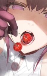 1girls cherry close-up collared_shirt female female_only film_grain food from_above fruit gloves hair_between_eyes hidulume holding holding_food honkai:_star_rail kafka_(honkai:_star_rail) open_mouth purple_eyes purple_gloves shirt solo teeth white_shirt