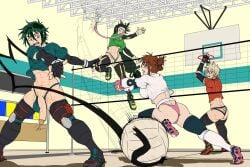 2boys 2girls action_pose big_ass big_breasts big_penis color detailed_background dick_slip gym gym_clothes ineffective_clothing izuku_midoriya katsuki_bakugou kiahl lobsterkiahl male muscular muscular_female muscular_male my_hero_academia ochako_uraraka penis penis_out skimpy skimpy_clothes sneakers thick_thighs thighhighs thong thong_bikini thong_panties tsuyu_asui volleyball workout workout_clothes