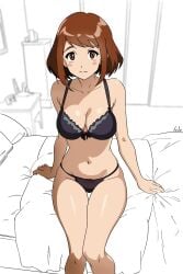 1girls bed brown_hair juju_(artist) lingerie my_hero_academia ochako_uraraka solo uraraka_ochako