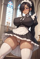 ai_generated apron ass_visible_through_thighs black_hair blush breasts candle candlestand dark-skinned_female dark_skin dress female frills hair_over_one_eye indoors juswa large_breasts long_hair long_sleeves maid maid_headdress panties parted_lips ponytail puffy_sleeves purple_eyes skindentation solo thighhighs thighs underwear waist_apron white_panties white_thighhighs