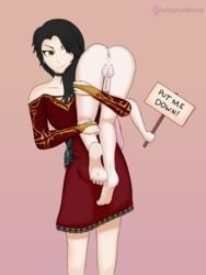 anus artsyanthony backsack bulge carrying cinder_fall clothed clothing colored_hair dress female futa futanari human mute neo_(rwby) nude penis rwby sign