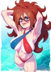 1girls android_21 android_21_(human) bikini blue_bikini blue_eyes blue_swimsuit breasts brown_hair dragon_ball dragon_ball_fighterz earrings freckles glasses hoop_earrings in_water kajinman large_breasts long_hair looking_at_viewer midriff multicolored_bikini multicolored_swimsuit navel red_bikini red_swimsuit swimsuit water