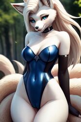 1girls ai_generated anthro bedroom_eyes black_gloves blonde_female blonde_hair blue_eyes blue_leotard blurry_background cameltoe canine chocker cleavage eyeliner female female_only fingerless_gloves fox generation_1_pokemon high_gloves inner_ear_fluff leotard long_hair looking_at_viewer ninetales nintendo outdoors pokémon_(species) pokemon spandex spandex_leotard