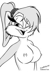 anthro breasts buttered-tost female female_only fur furry furry_breasts furry_ears hair lola_bunny long_ears looking_at_viewer looney_tunes mammal monochrome nude rabbit short_hair smile solo space_jam tagme wink