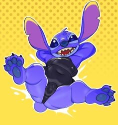 alien anthro anthro_only blue_fur bulge bulge_through_clothing chubby cute disney feet hands_behind_head leaning_back lilo_and_stitch looking_at_viewer male male_only on_back paws shortstack showing_off smiling spread_legs stitch stitch_(lilo_and_stitch) submarine_screw swimsuit