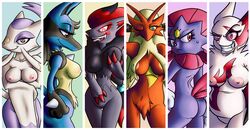 6girls ass big_breasts blaziken breast_grab breast_grope breasts female female_only grins lucario mienshao multiple_girls nintendo nipples nude pokemon pokemon_(species) red_eyes smile tail teckworks tongue_out vagina weavile zangoose zoroark