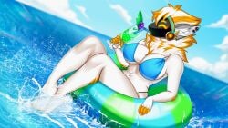 anthro bikini breasts cocktail dirty_fox_games drinking floatie furry juno_(my_furry_protogen) large_breasts my_furry_protogen my_furry_protogen_2 ocean orange_fur orange_highlights pierced_ears piercing protogen white_fur