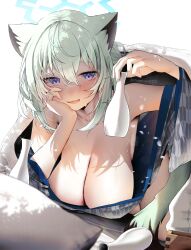 animal_ear_fluff animal_ears arm_up armpits bare_armpits bare_breasts bare_chest bare_shoulders bed blue_archive blue_halo blush blush blush_lines blushing_female bottle breasts cat_ears cleavage crossed_bangs female fingernails green_hair green_hair_female hair_between_eyes halo hand_on_face hand_on_own_face hanging_breasts head_rest japanese_clothes japanese_clothing kimono large_breasts laying_down laying_on_bed laying_on_breasts laying_on_stomach long_fingernails long_hair looking_at_viewer masu naked_kimono nidaime_(doronbo) open_mouth open_mouth_smile pillow purple_eyes purple_eyes_female shigure_(blue_archive) solo sweat sweatdrop sweating thesecond tokkuri tongue upper_body weasel_ears white_background white_bed_sheet white_pillow yukata