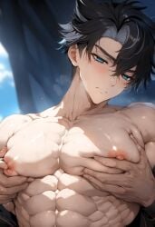 abs ai_generated aru_(pixiv1293902) big_pecs blush erect_nipples gay genshin_impact large_pectorals male male/male male_focus male_only muscular muscular_male nipple_play nipples pecs pecs_grab pecs_touching pectorals wriothesley_(genshin_impact) yaoi