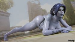 3d ass ass_up big_ass blizzard_entertainment jack-o'_challenge jack-o_pose jackochallenge overwatch overwatch_2 pollarmatt purple_hair purple_skin splits thick_thighs thong widowmaker yellow_eyes