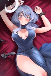 ako_(blue_archive) ako_(dress)_(blue_archive) armpits arms_up bare_arms bare_chest bare_knees bare_legs bare_shoulders bare_skin bare_thighs black_cuffs black_footwear black_high_heels blue_archive blue_dress blue_eyebrows blue_eyes blue_eyes_female blue_fingernails blue_hair blue_hair_female blue_halo blue_nail_polish blue_nails blush blushing_female bracelet bracelets breasts cleavage cuffs dot_nose dress embarrassed embarrassed_female female hair_between_eyes halo high_heels jewelry laying_down laying_on_back looking_at_viewer lying medium_breasts medium_hair narushima_kanna official_alternate_costume on_back red_background shoes single_handcuff smile solo thick_thighs thighs underboob unworn_shoes wavy_hair