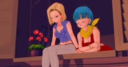 2girls 3d 3d_(artwork) 3d_model android_18 anime_character bulma_briefs closed_eyes couple couple_(romantic) couple_focus cute cute_eyes cute_female cute_scene date date_night dragon_ball dragon_ball_super dragon_ball_z enjoying_the_moment evening female_focus female_only flirting girls_night hand_holding highres holding_hands kaio-sheeen kame_house koikatsu love no_sex non_nude non_sexual partners romance romantic romantic_ambiance romantic_couple romantic_night sitting_on_window_sill sitting_together smiling_at_partner smoking smoking_cigarette sunset wholesome yuri