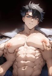 abs ai_generated aru_(pixiv1293902) big_pecs blush erect_nipples gay genshin_impact large_pectorals male male/male male_focus male_only muscular muscular_male nipple_play nipples pecs pecs_grab pecs_touching pectorals wriothesley_(genshin_impact) yaoi